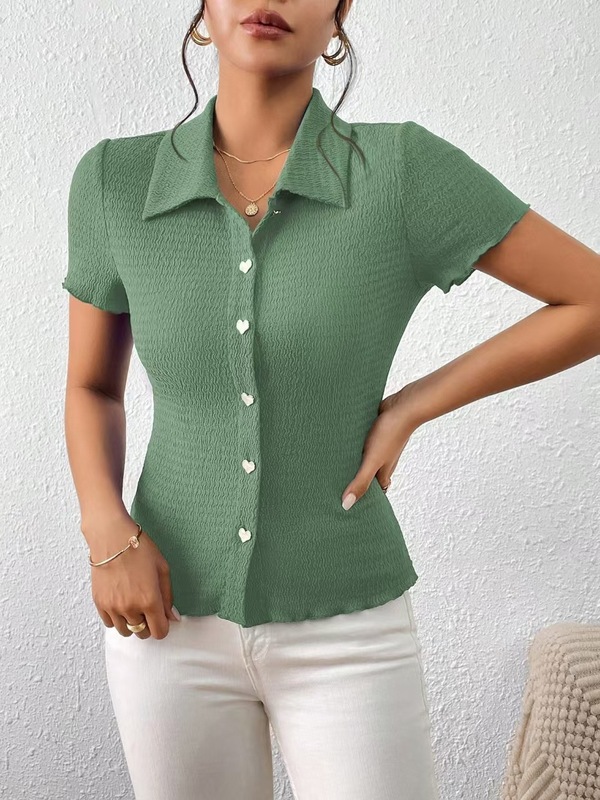 欧米の2025夏の新型の婦人服の純色は簡単に身を修めて襟のpoloのシャツの半袖のtシャツの女性がやせている上着を現します。|undefined