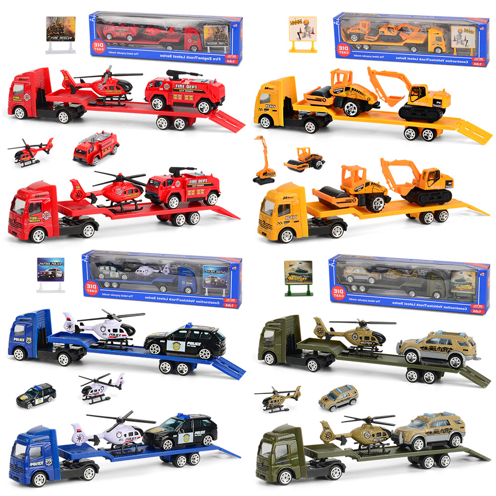 跨境慣性滑行拖頭車 1:64迷你合金工程車兒童車模型4件套模型玩具