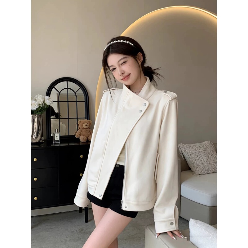 Off-white, shoulder-enhancing, high-end design suede jacket for women, new autumn Korean-style motorcycle jacket with a loose fit
