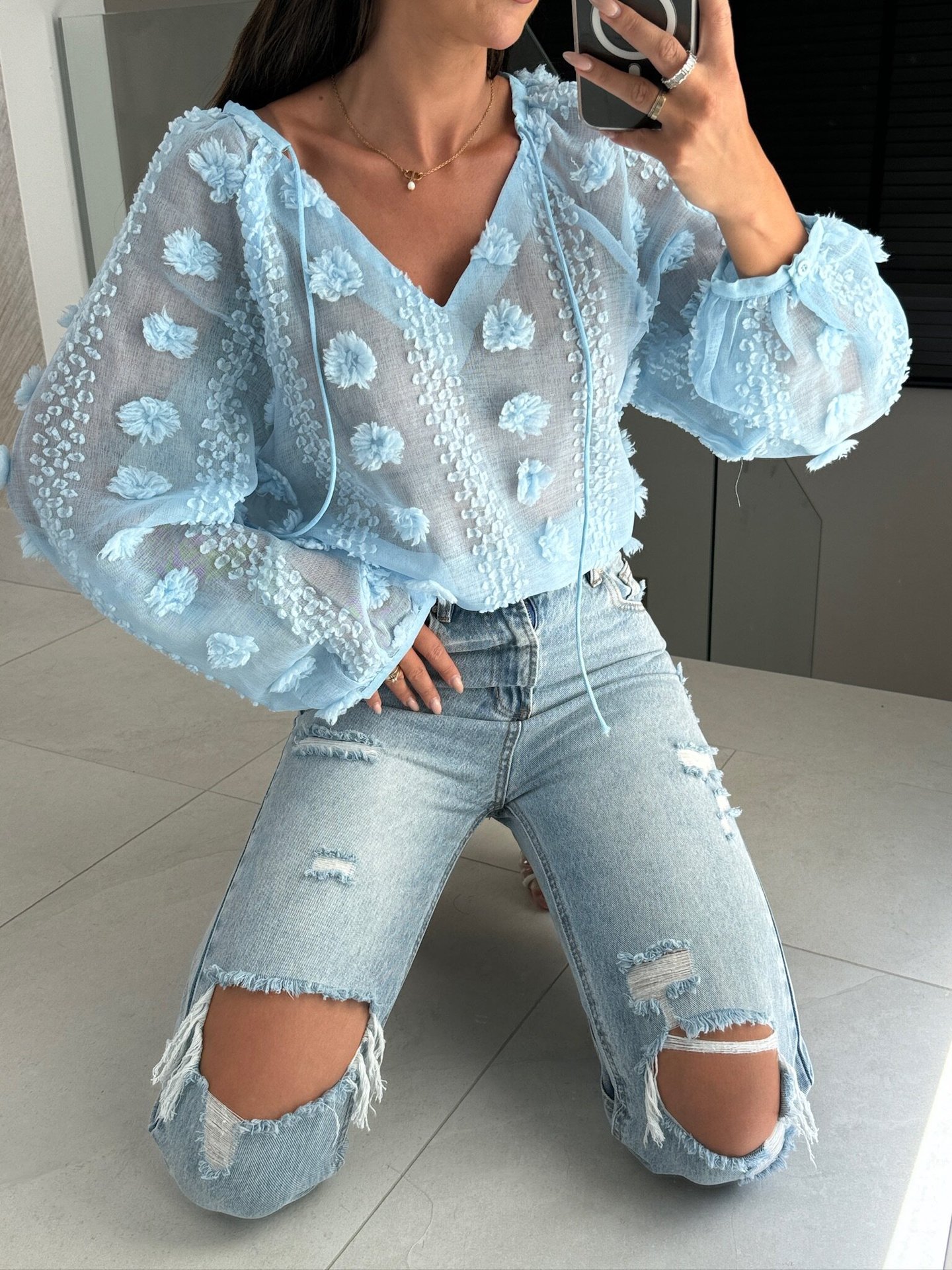 Women's Blouse Long Sleeve Blouses Jacquard Streetwear Solid Color Flower display picture 3