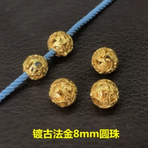 S925 sterling silver gold-plated cloud pattern leaf 8mm round bead woven bracelet necklace spacer bead DIY bracelet ancient gold accessories