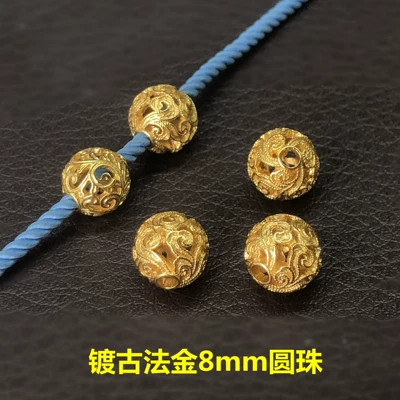 S925 sterling silver gold-plated cloud pattern leaf 8mm round bead woven bracelet necklace spacer bead DIY bracelet ancient gold accessories (Zərgərlik ara hissələri)