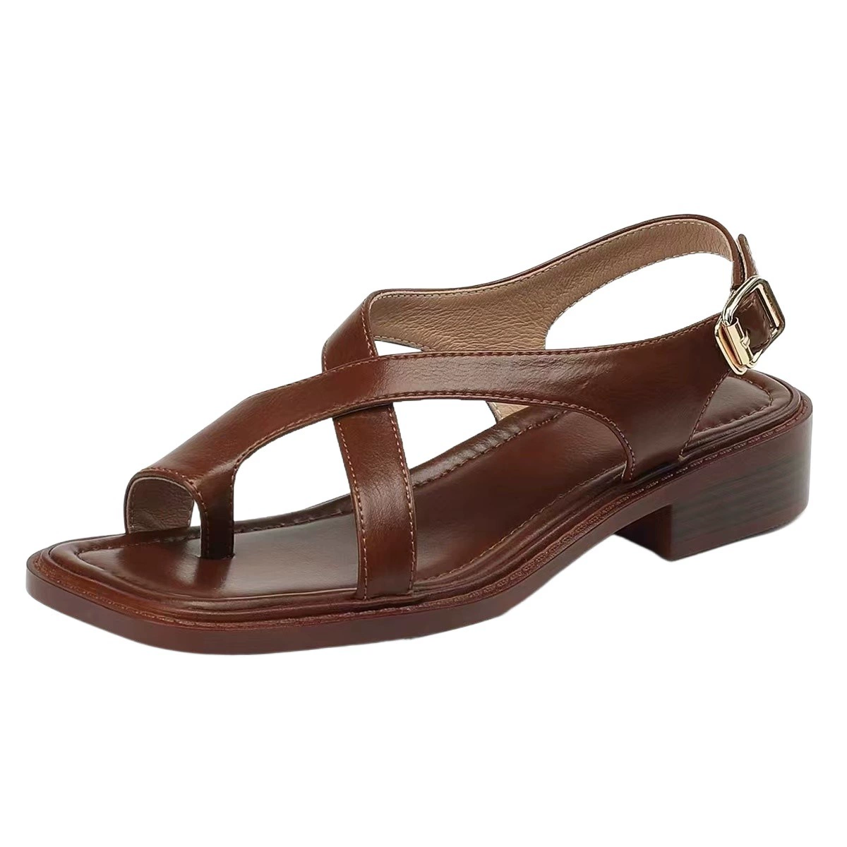 Retro brown beach black sandals with a strap, french style, thin strap