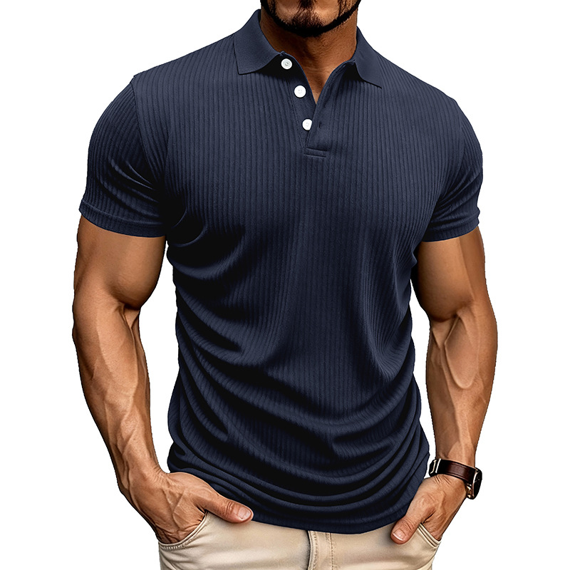 25 Cross-Border Foreign Trade Amazon Quick Delivery Men's Polo Shirts with Elastic Vertical Stripes, Short-Sleeved, Summer Sports and Leisure, Breathable