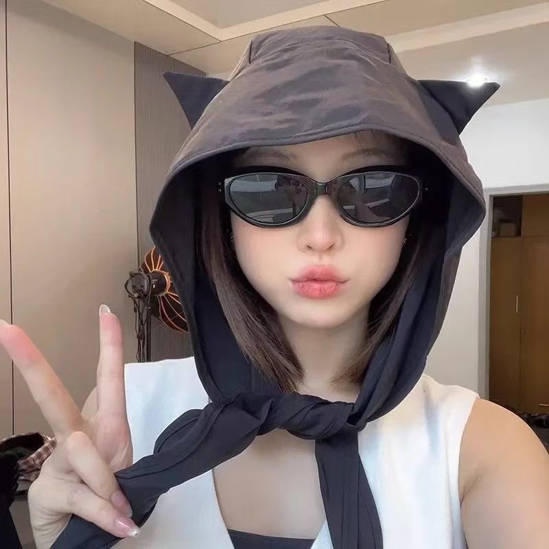 작은 악마 속건성 자외선 차단 모자, 귀 보호 헤드스카프, 고양이 귀 모자, 얇은 여성용 햇빛 가리개 모자, 얼굴을 더 작게 보이게 합니다.