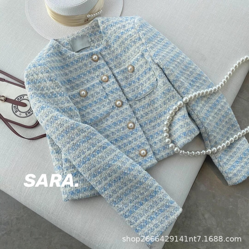 Gentle Milk Blue Pearl Button Chanel Style Wool Coat Women's Spring and Autumn Tweed Woven Short Suit Top