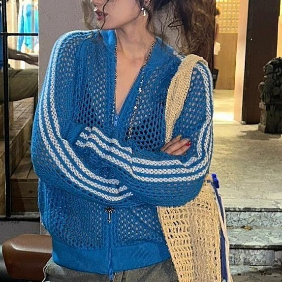 American Retro Stripesd Cut Out Knitted Cardigan Men's 2025 Summer New Casual Loose Zipper Design Jacket Trendy