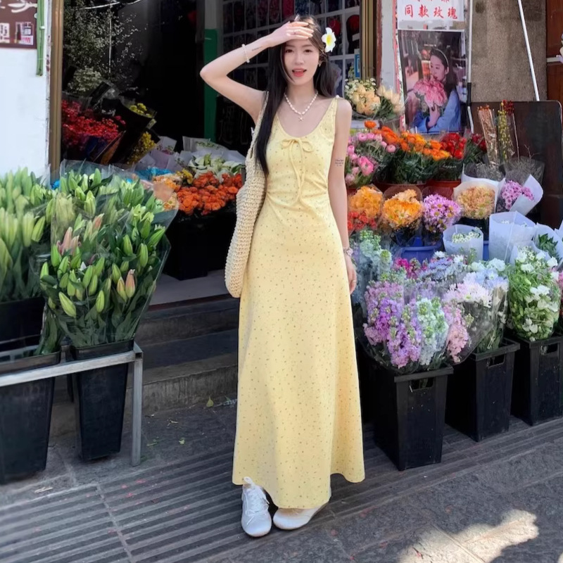 노란색꽃무늬서스펜더드레스여성여름민소매탱크탑프렌치스위트스타일허리롱스커트a라인스커트
