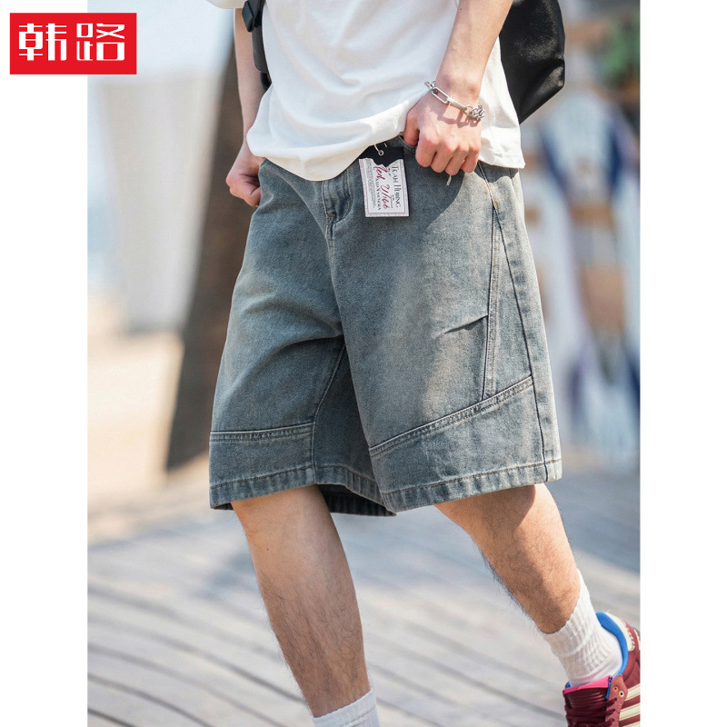 Three-Dimensional Pleated Denim Shorts for Men, Summer Style, American Trendy Brand, Vintage Washed, Loose Casual Five-Point Pants