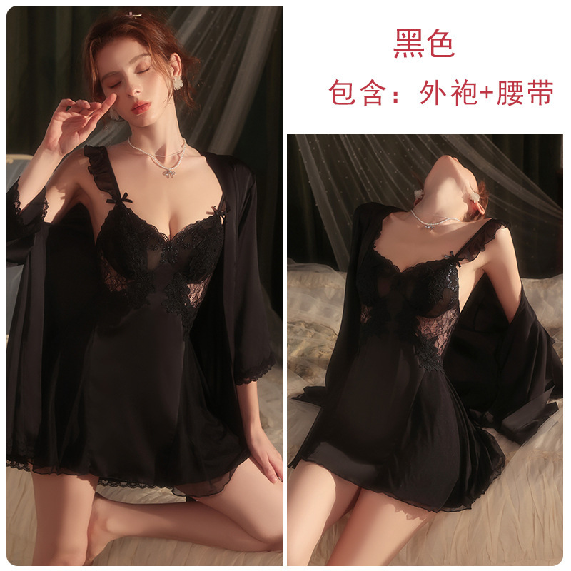 瑰若丝滑缎面低胸聚拢加胸垫吊带飞袖睡裙外袍女家居服套装M5868|undefined