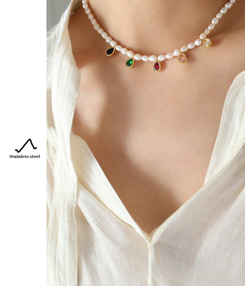 Fashion Water Droplets Titanium Steel Choker Pearl Inlay Artificial Crystal Stainless Steel Necklace
