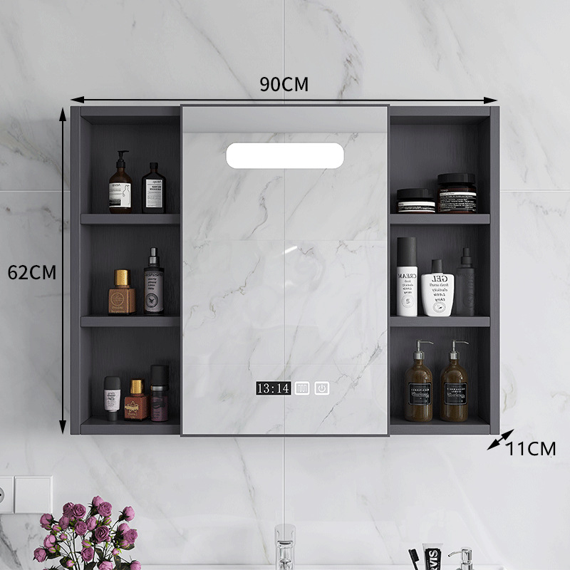 Armario de espejo de baño de lujo ligero simple con estante de almacenamiento espejo de baño caja de espejo de baño almacenamiento montado en la pared de fibra de carbono