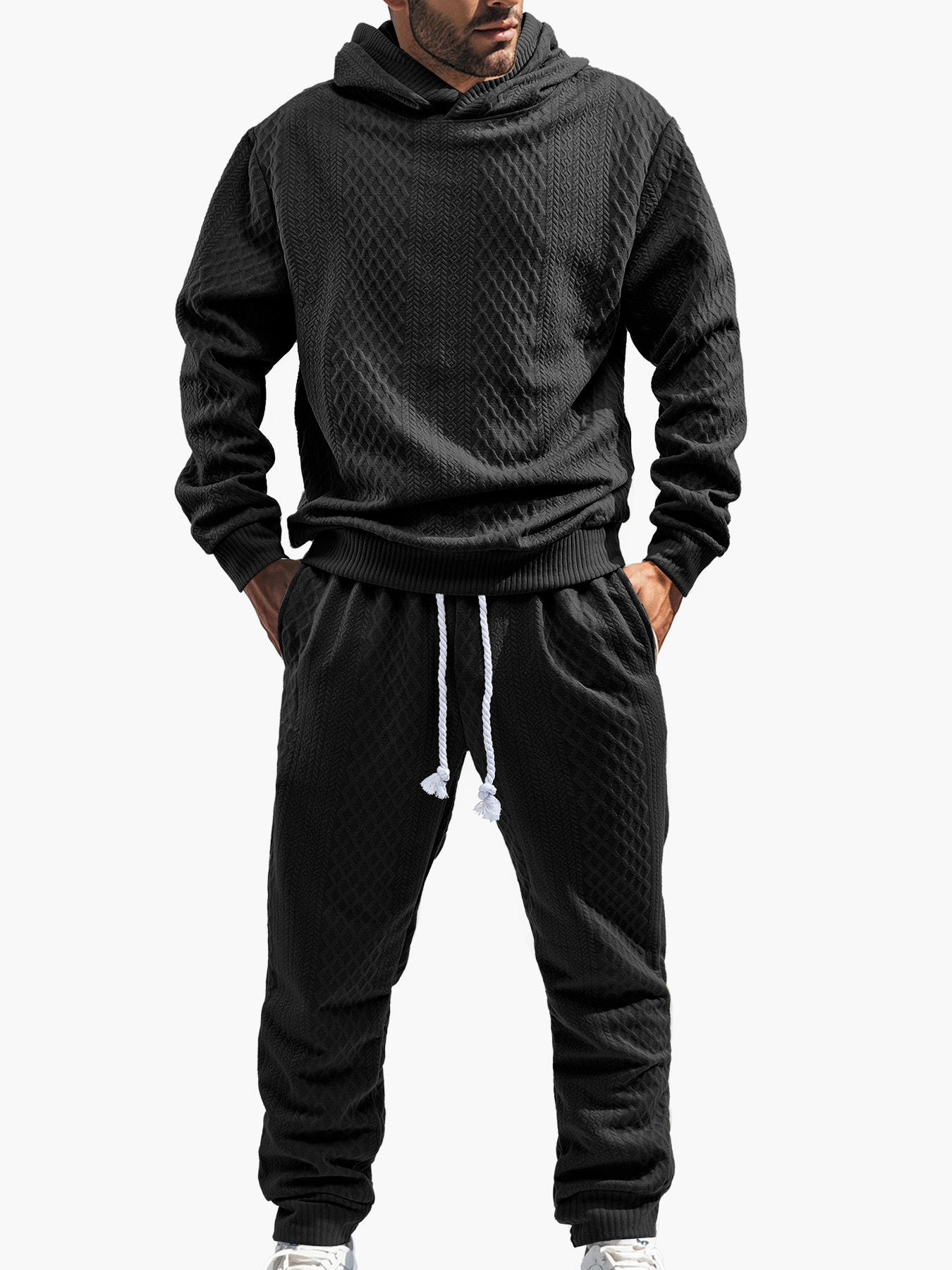 Transfronterizos TK primavera y otoño hombre deportivo relajado pantalones largos de manga larga Jacquard grande conjunto de sudadera con capuz