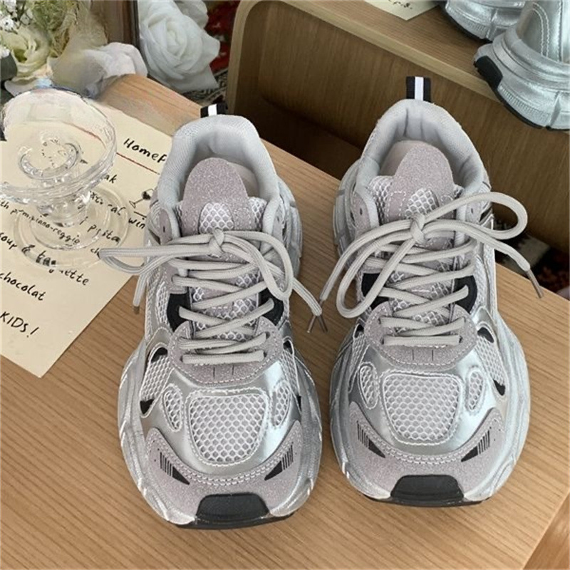 2025 Summer Women's Mesh Breathable Thin Sports Shoes Thick-Soled Shoes New Versatile Student Casual White Shoes