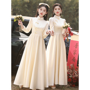 New Chinese Style Bridesmaid Dresses 2025 New Autumn and Winter Champagne Color Thickened Sister Group Satin Dress Skirt Women's Daily Winter