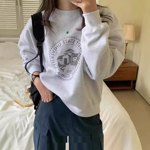 Korean version of oversize round neck sweatshirt for women early autumn new velvet niche design loose long-sleeved top