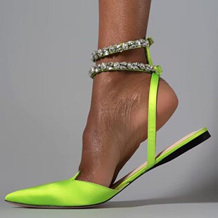 Spring and Autumn New Pointed Toe Rhinestone Sandals Women's Foreign Trade European and American Flat Size 42 Satin Rear Empty Buckle Women's Shoes