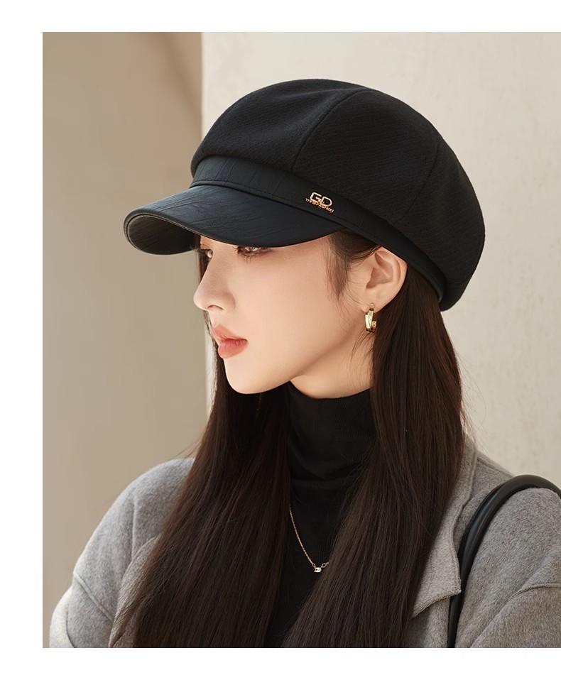 Cappello unisex alla moda in pelle con patchwork ottagonale da donna autunno-inverno vintage nero grande testa rotonda mostra viso piccolo cappello_voghion.com