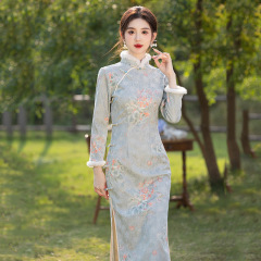 Bestselling Same Style, Autumn/Winter Fleece Lined Thick Traditional Chinese Style Long Modified Cheongsam for Young Women, Retro Long-Sleeved