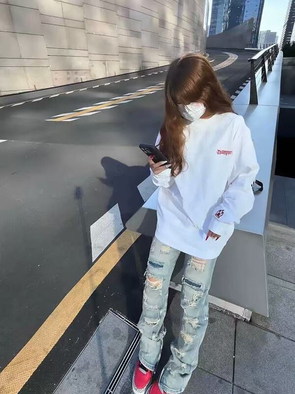 小火苗刺绣卫衣女秋冬美式高街情侣装长袖t恤宽松内搭打底衫上衣|undefined