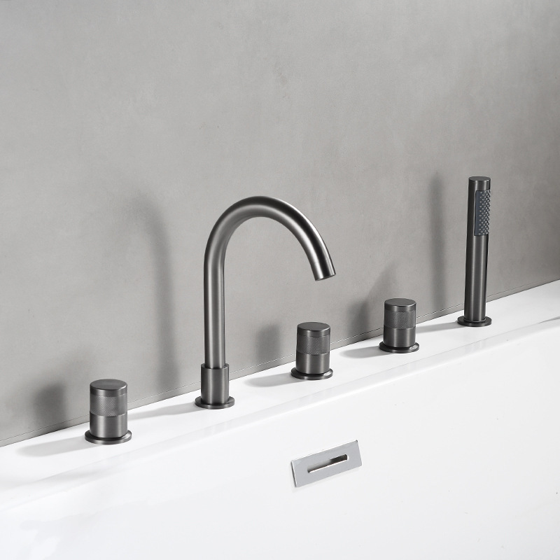 Brass Hot and Cold Bathtub Faucet with Embedded Mixing Valve, Gun Gray Five-Piece Set with Pull-Out Shower Head, Brushed Gold