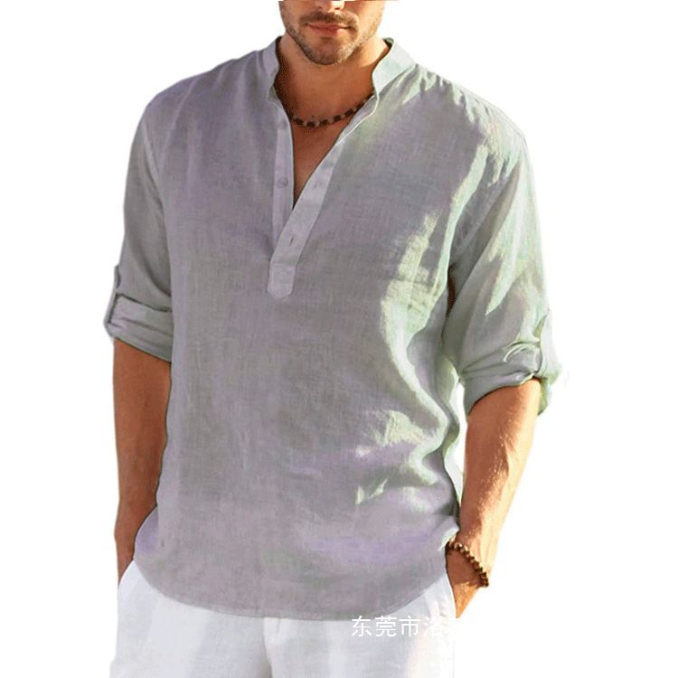 Light Gray Linen Long-Sleeved Shirt for Men with Stand-Up Collar, Chinese Style, Loose Fit for Fat People, Extra Large Size Cotton and Linen Yoga Fitness T-Shirt Light Gray Linen Long-Sleeved Shirt for Men with Stand-Up Collar, Chinese Style, Loose Fit for Fat People, Extra Large Size Cotton and Linen Yoga Fitness T-Shirt