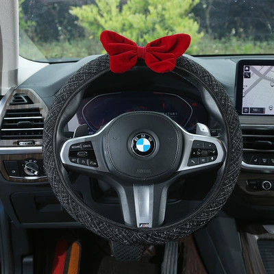 Chanel-style red bow car steering Steering wheel cover - red-bow-steering-wheel-cover-38cm