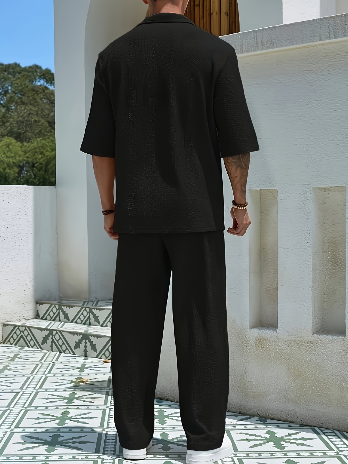 Men's Casual Two-Piece Suit Short Sleeve Solid Color Shirt And Trousers Set For Commuting American Style_viptrois.com