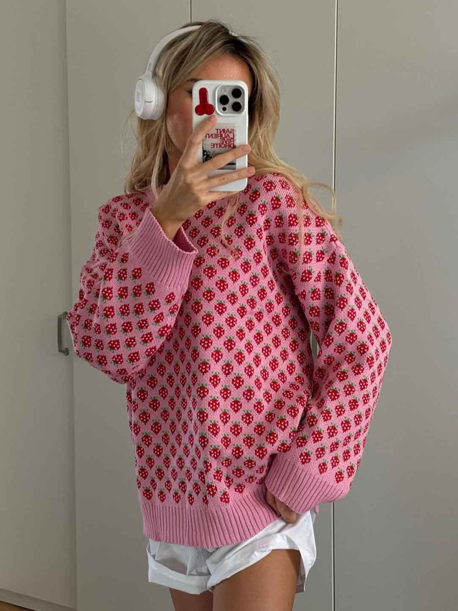 Suéter jacquard de fresa transfronteriza Europa y los Estados Unidos 2025, otoño y invierno nuevo collar redondo jersey suéter de impresión suelta para mujeres image 1