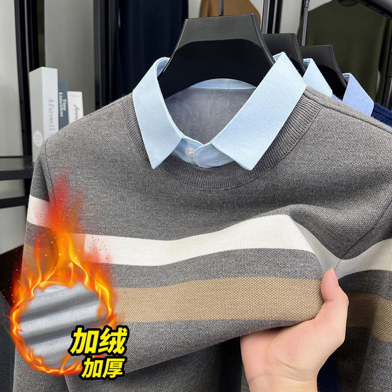 Autumn and Winter Fleece-Lined Fake Two-Piece Men's Sweater High-End Lapel Shirt Collar Casual Middle-Aged Cotton Knitted Bottoming Shirt