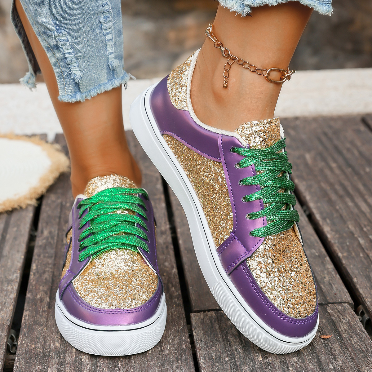 Lace-Up Sequin Color Matching Sports Shoes for Women 2025 Autum Amazon Flats Foreign Trade Large Size Casual Sneakers Wish