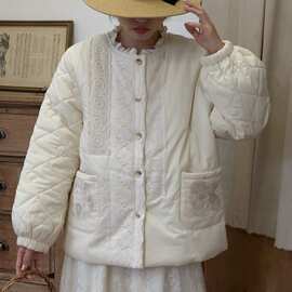 日系甜美小清新蕾丝花边拼接少女夹棉棉衣外套减龄宽松显瘦棉服冬