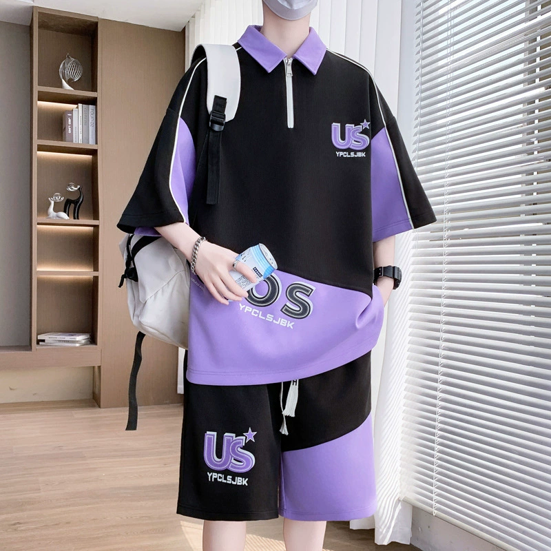 Прямая трансляция новых свободных модных мужских шорт в гонконгском стиле с короткими рукавами и цветными блоками, мужская футболка, спортивный модный бренд из двух частей