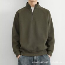 跨境外贸灯芯绒半拉链卫衣男士2025亚马逊新款秋季纯色立领打底衫