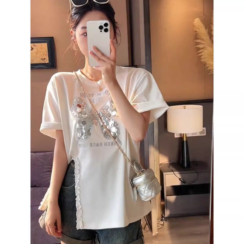 Camiseta de manga corta con lentejuelas de mariposa con costuras de encaje para mujer 2024 verano nuevo estilo suelto y delgado para mujer