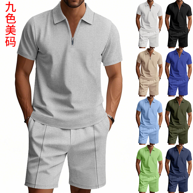 국경 간 Amazon Temu 유럽과 미국 남성 심플 캐주얼 루즈 지퍼 반팔 폴로 셔츠 비치 반바지 정장