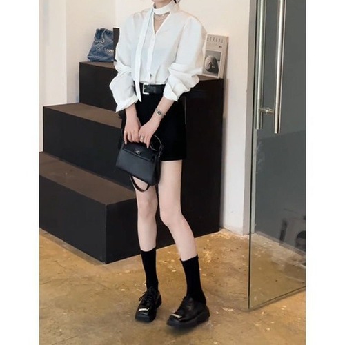 Korean-style chic halter-neck long-sleeve shirt + skirt for women, 2025 spring fashion trendy set