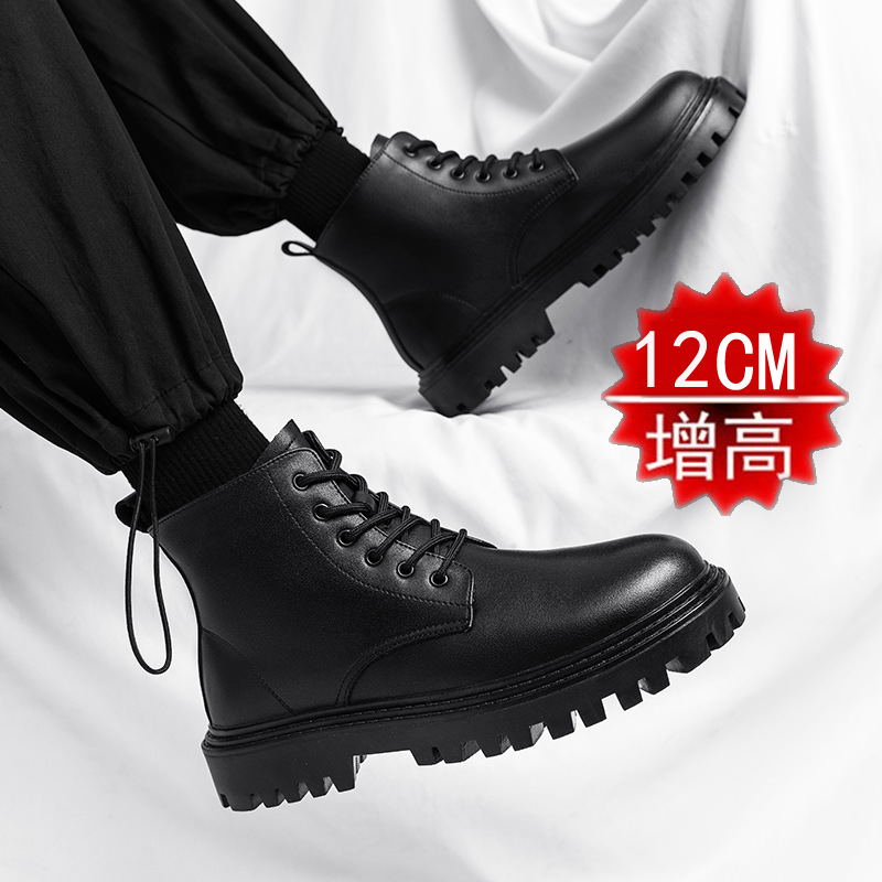 Boots Men's High-Top Thick-Soled Inner 12cm10 Black Leather Shoes Men's Workwear British Short Boots