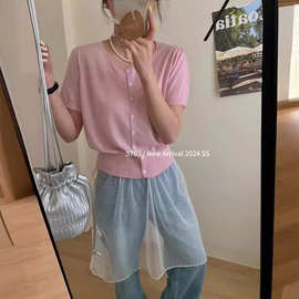 简约小清新羊毛针织圆领薄款短袖开衫女夏季新款百搭高腰短款上衣