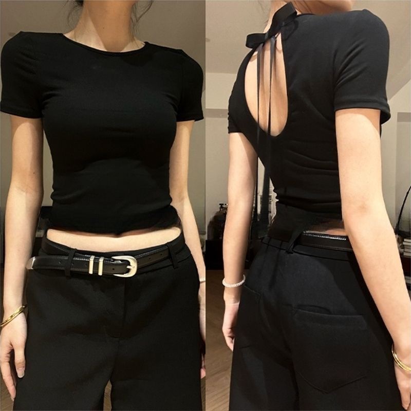 クロスボーダースポットボウバックレスピュアデュード半袖ラウンドネックTシャツホットガールスリミングデザインショルダートップ直販|undefined