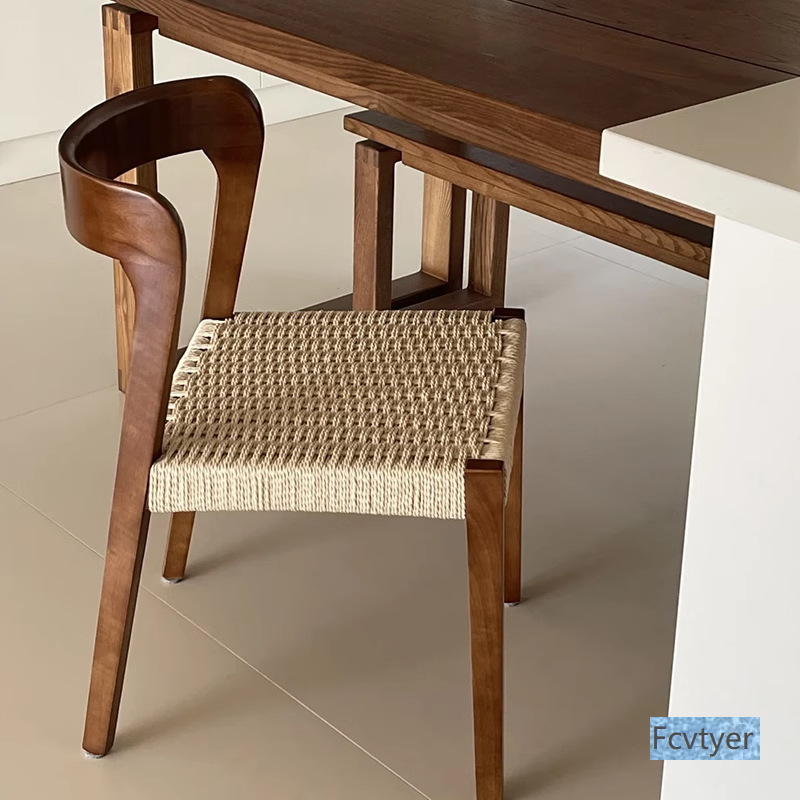 Solid Wood Chair Dining Chair Home Living Room Restaurant Balcony Backrest Chair Rope Coffee Dining Table Chair B&B Retro