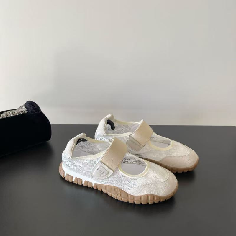 2025 New Summer Lace Sports Style Mary Jane Shoes for Women to Wear Genuine Leather Velcro Tire Sole White Shoes