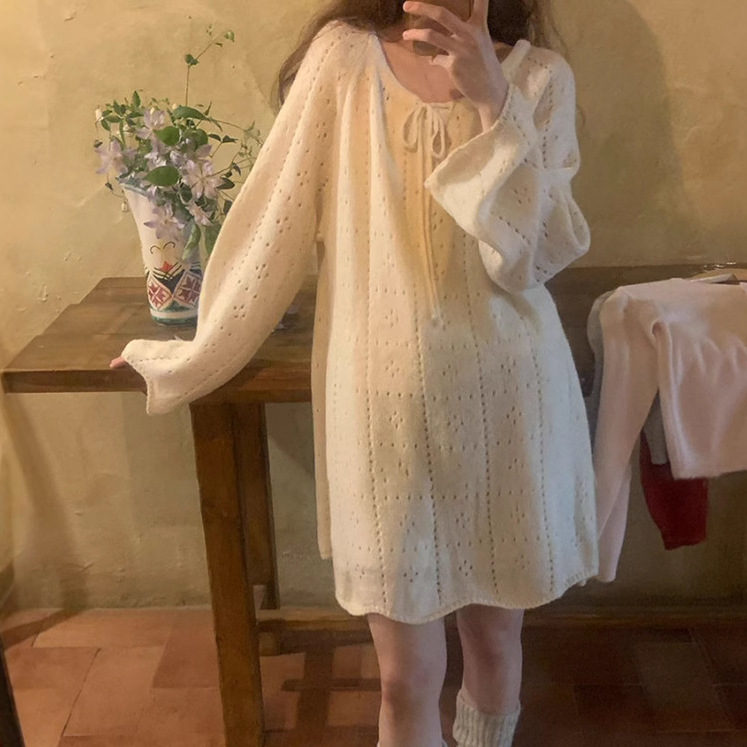 Now Available: H-Style Hollow-Out Lace-Up Knit Dress, Loose Straight White Dress for Autumn and Winter, French-Style High-End Women's Fashion