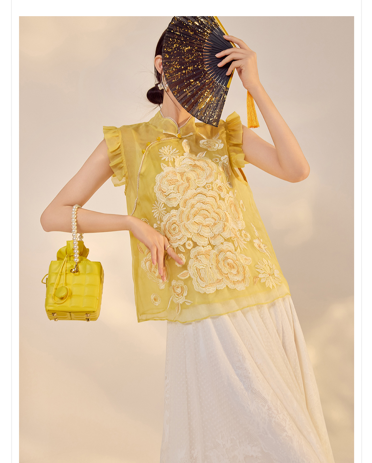 Áo vest gile nữ lụa tằm ren hoa cổ đứng cài nút kiểu Trung Hoa mùa hè N4012 — Màu vàng sữa chi tiết 9