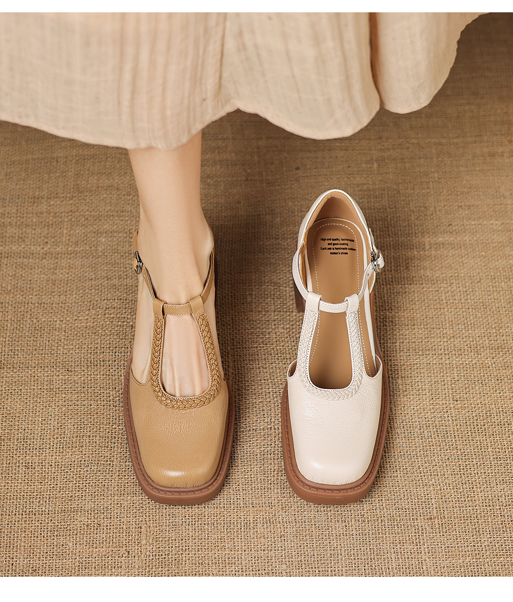 Sandal cao gót nữ mũi vuông quai chữ T đế dày — màu trắng ngà chi tiết 2