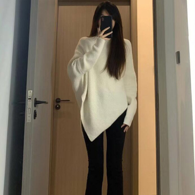 Dammekleeder Héichkragen onregelméissegen Nischendesign Pullover fir Fraen Hierscht- a Wanterversioun locker faul Stil mëllen, klebrigen Stricktop verdickt_voghion.com