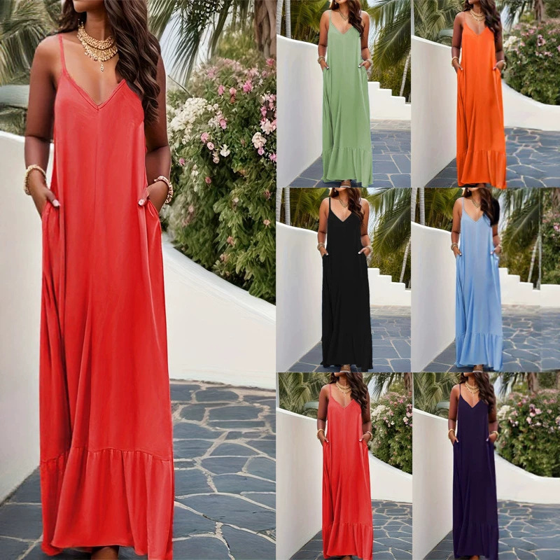 2024 Spring and Summer New European and American Cross-Border Women's Shein Amazon Export Elegant Pure Color Suspender Dress