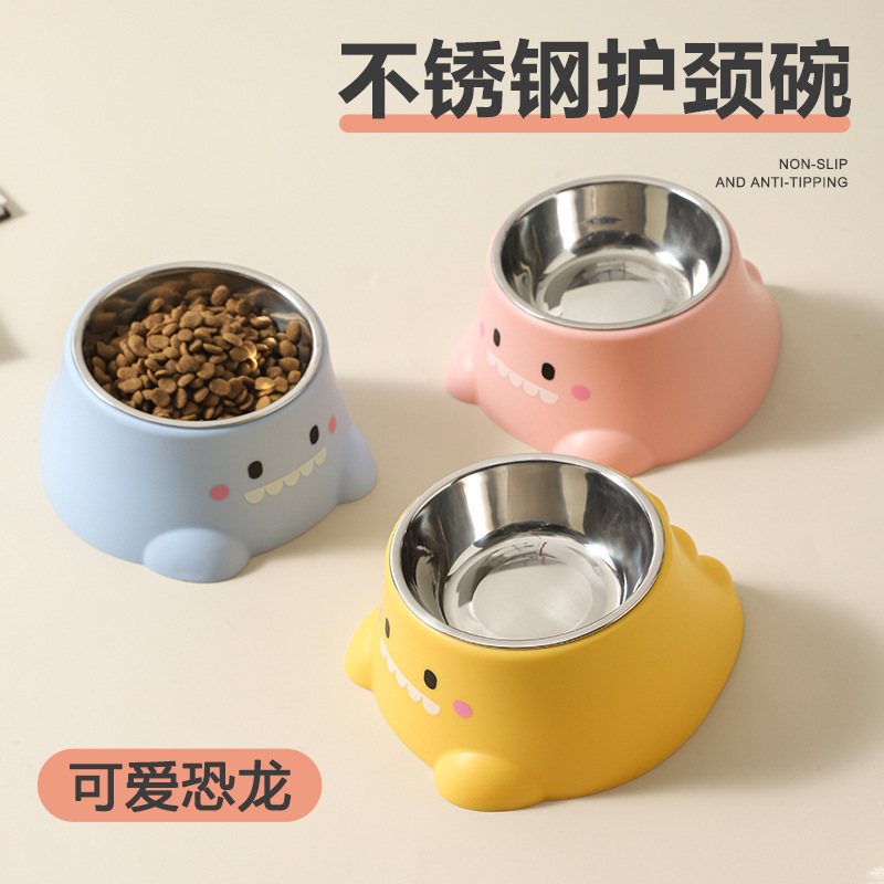 New Dinosaur Cat Bowl Safe and Healthy Stainless Steel Dog Bowl Protecting Cervical Spine Oblique Pet Bowl Drinking Water Feeding Bowl