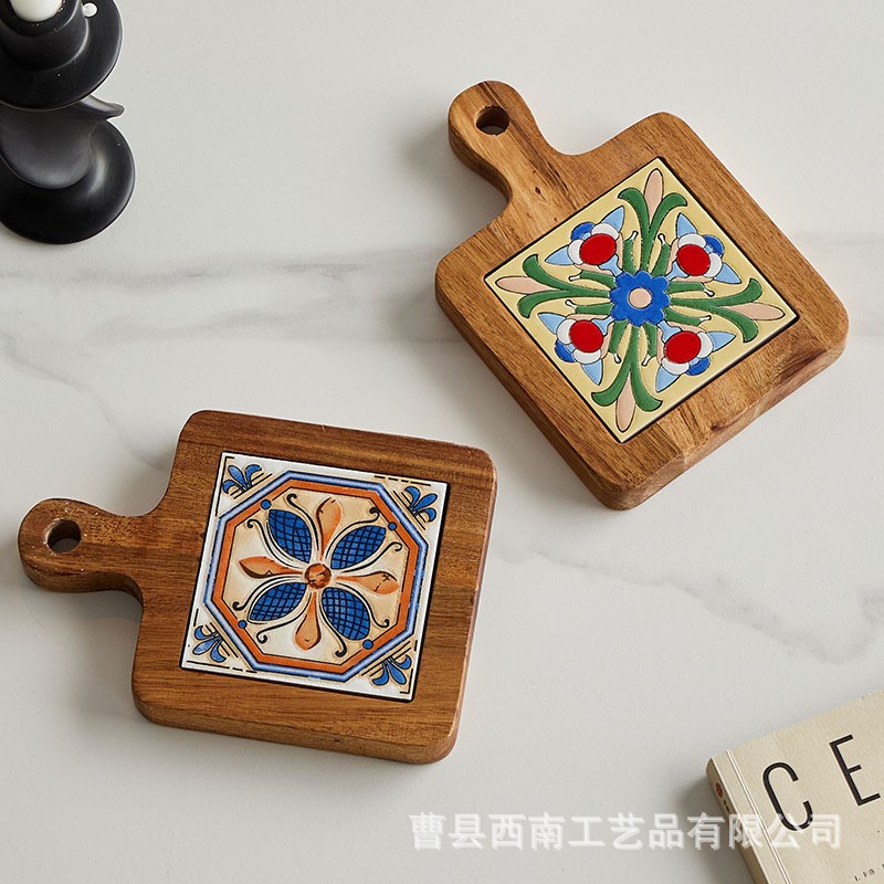 Retro Acacia Wood Tile Mat, Solid Wood Heat Insulation Mat, Household Dining Table Casserole Mat, Coffee Cup Mat, Tableware Heat Insulation Mat