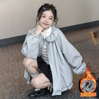 女童秋冬款加绒加厚皮衣外套2026新款儿童韩系洋气花边拼接夹克衫